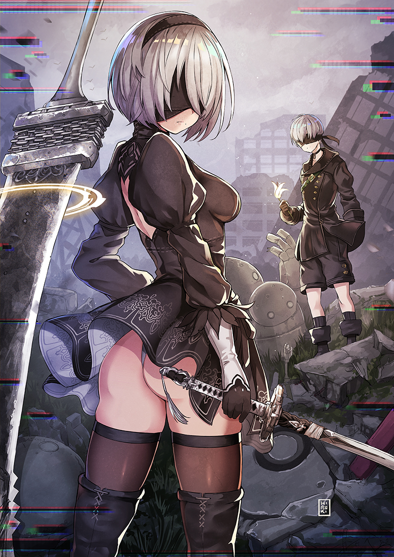 2b and 9s (nier and 1 more) drawn by hiroki_(hirokiart)