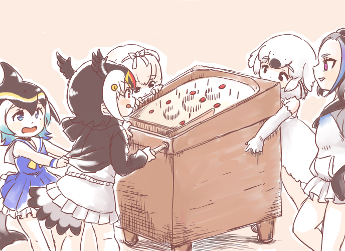 common dolphin, atlantic puffin, silky anteater, giant penguin, and harp seal (kemono friends) drawn by maki_(02uh14l1b740ao2)