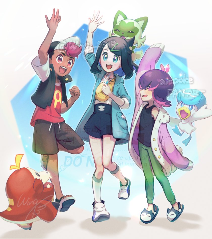 sprigatito, liko, fuecoco, quaxly, dot, and 1 more (pokemon and 1 more) drawn by wing_(wing_0319)
