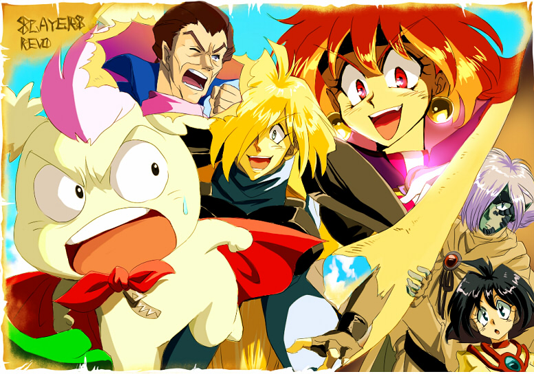 lina inverse, amelia wil tesla seyruun, gourry gabriev, zelgadiss graywords, pokota, and 1 more (slayers) drawn by yumemi