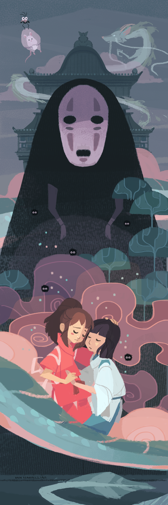 ogino chihiro, haku, kaonashi, susuwatari, bou, and 1 more (sen to chihiro no kamikakushi) drawn by ann_marcellino