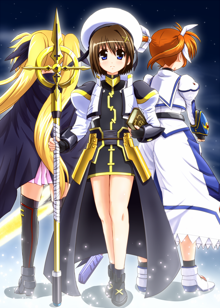 fate testarossa, takamachi nanoha, yagami hayate, raising heart, bardiche, and 2 more (lyrical nanoha and 3 more) drawn by diesel-turbo