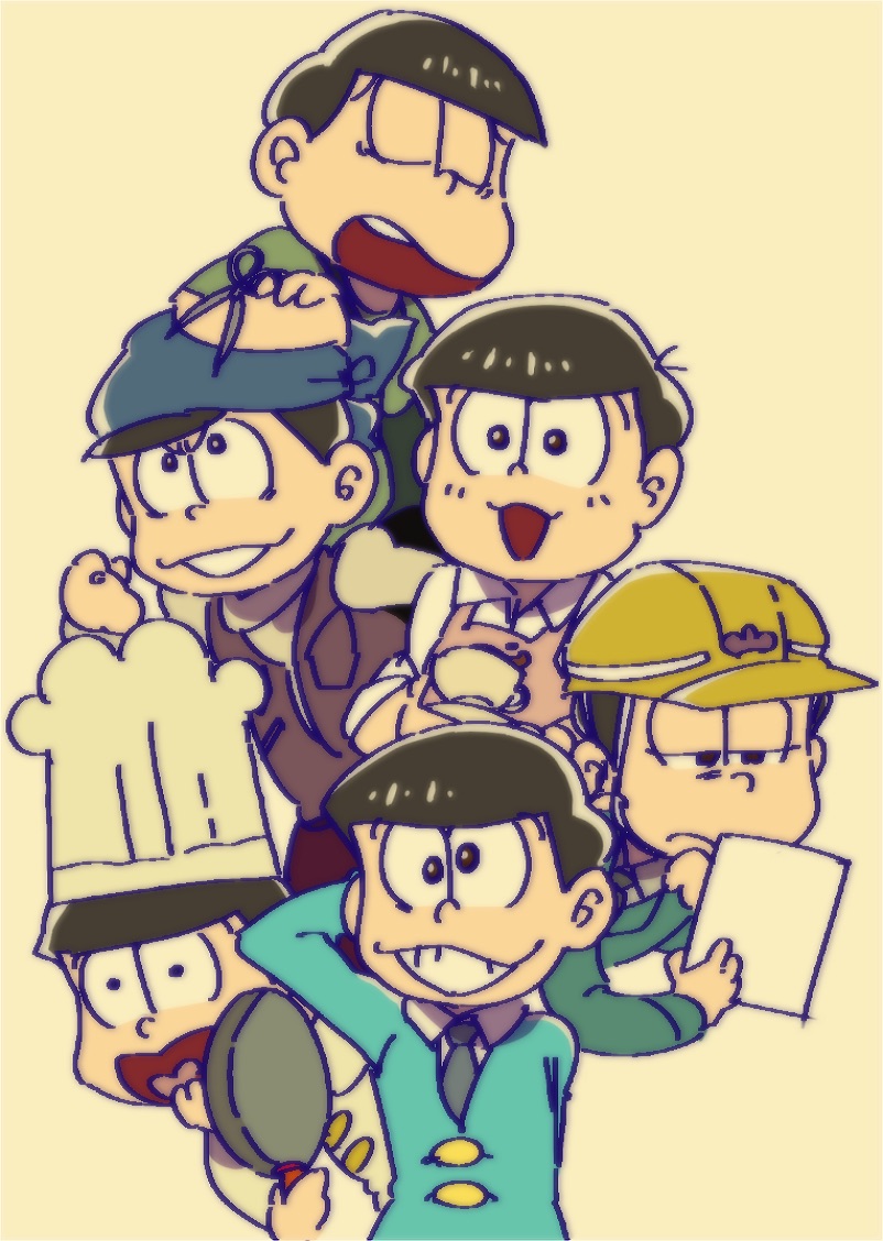 matsuno osomatsu, matsuno karamatsu, matsuno ichimatsu, matsuno jyushimatsu, matsuno choromatsu, and 1 more (osomatsu and 1 more) drawn by jipo_(myu-tata)