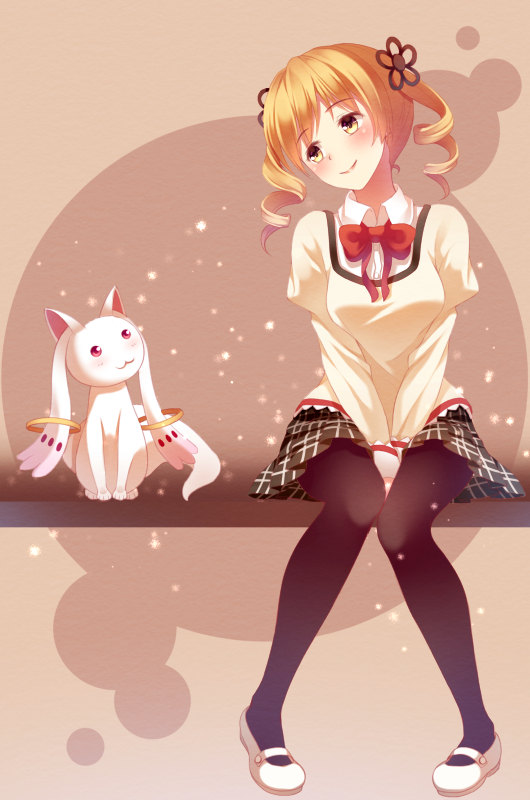 tomoe mami and kyubey (mahou shoujo madoka magica) drawn by yasuno_(airy_light)