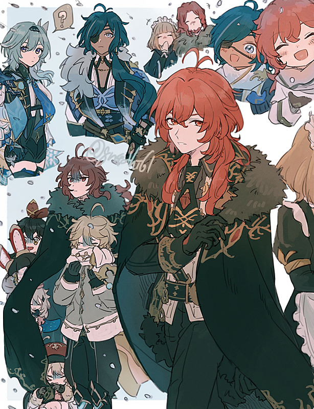 aether, paimon, klee, eula, diluc, and 5 more (genshin impact) drawn by suitchi_(gn4othi61)