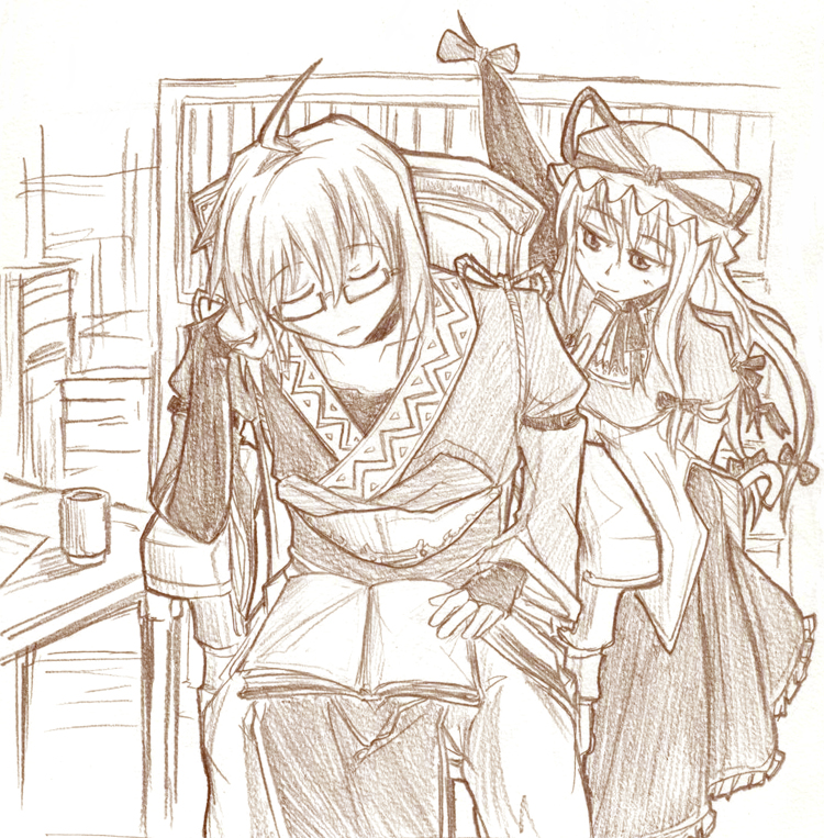 yakumo yukari and morichika rinnosuke (touhou) drawn by homura_(silver_blaze)