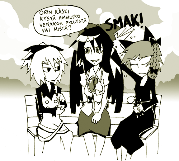 kaenbyou rin, reiuji utsuho, and kurodani yamame (touhou) drawn by setz