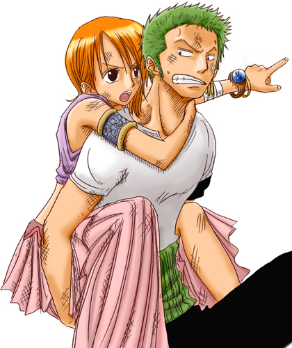 nami and roronoa zoro (one piece) drawn by yamadaenako