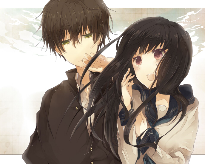 chitanda eru and oreki houtarou (hyouka) drawn by kazutake_hazano