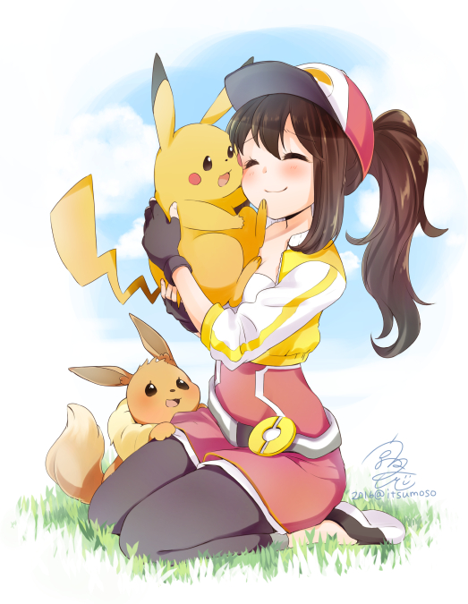pikachu, eevee, and female protagonist (pokemon and 1 more) drawn by rougetsu