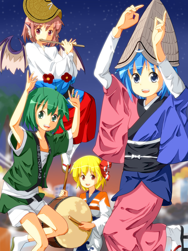 cirno, rumia, mystia lorelei, and wriggle nightbug (touhou) drawn by ruu_(tksymkw)
