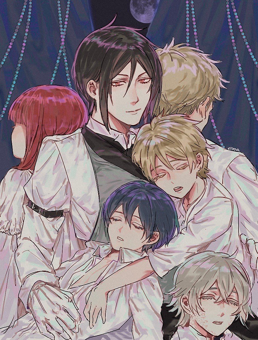 ciel phantomhive, sebastian michaelis, meirin, finnian, bardroy, and 1 more (kuroshitsuji) drawn by ena33333333