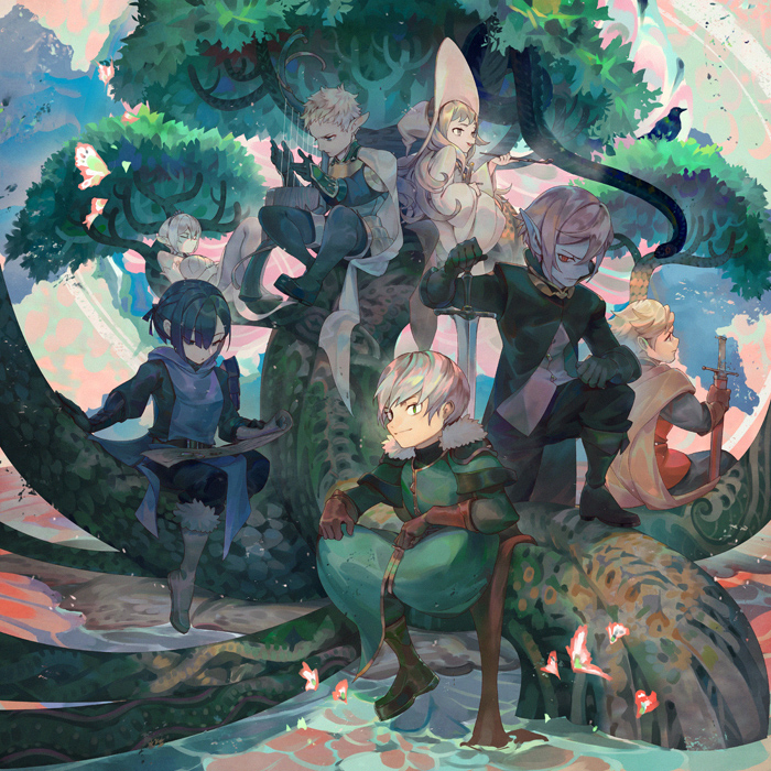 niggurath the ancient tree branch, ethan the exiled hero, miracera master of the magic institute, elion the king of spirits, gideon, and 1 more (pixiv fantasia and 1 more) drawn by lsu_(lowmoo98)