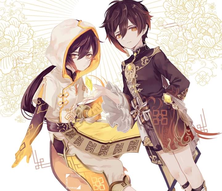 xingqiu, chongyun, and zhongli (genshin impact) drawn by nerimono_(nekokoban22)