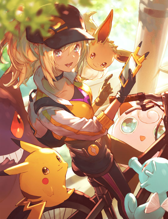 pikachu, eevee, gengar, jigglypuff, female protagonist, and 1 more (pokemon and 1 more) drawn by taroji