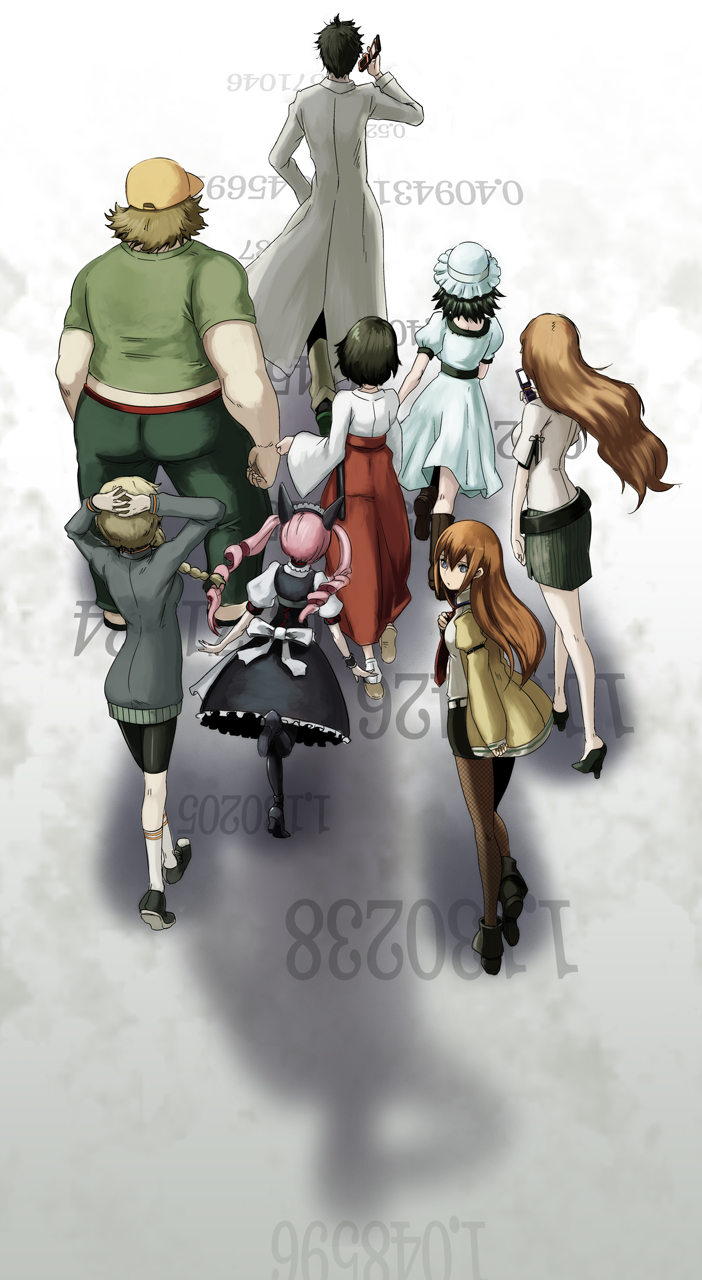 makise kurisu, okabe rintarou, shiina mayuri, amane suzuha, urushibara luka, and 3 more (steins;gate) drawn by butcha-u