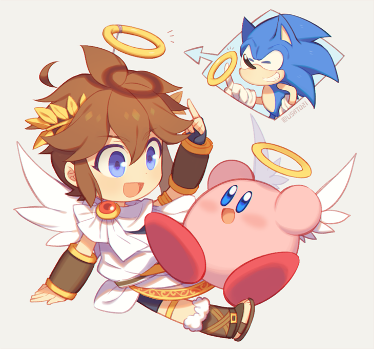 kirby, sonic the hedgehog, and pit (sonic and 4 more) drawn by wusagi2