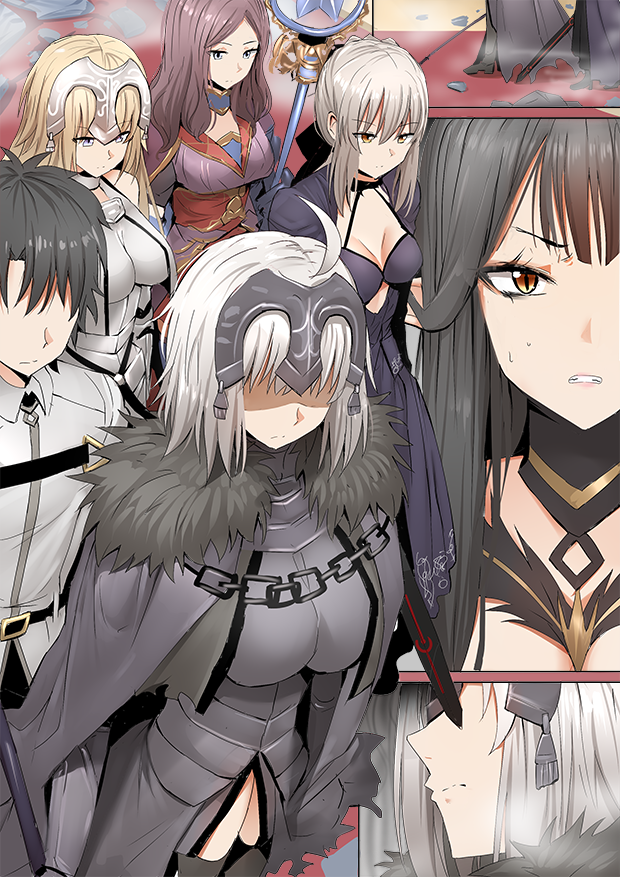 artoria pendragon, fujimaru ritsuka, jeanne d'arc, saber alter, jeanne d'arc alter, and 2 more (fate and 1 more) drawn by ginhaha