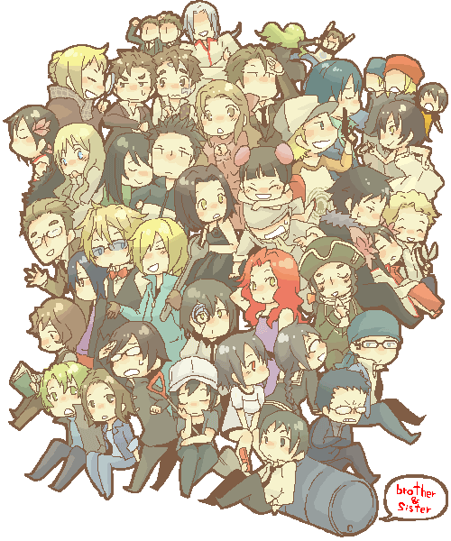 orihara izaya, heiwajima shizuo, orihara mairu, orihara kururi, yagiri namie, and 24 more (durarara!! and 4 more) drawn by tsukumoya_hajime