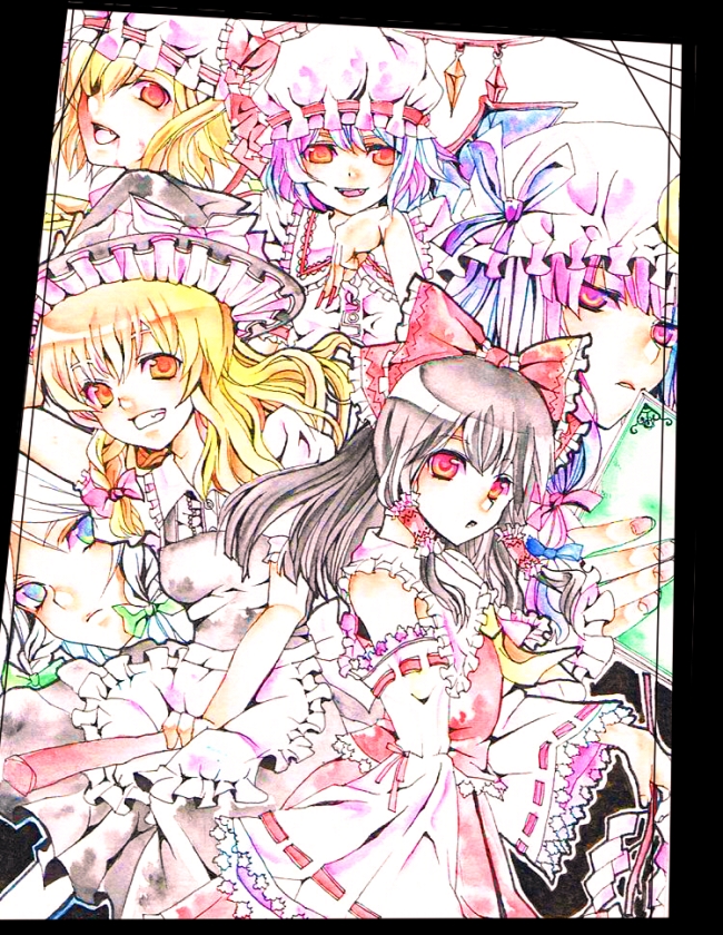 hakurei reimu, kirisame marisa, remilia scarlet, flandre scarlet, izayoi sakuya, and 1 more (touhou) drawn by n-mix