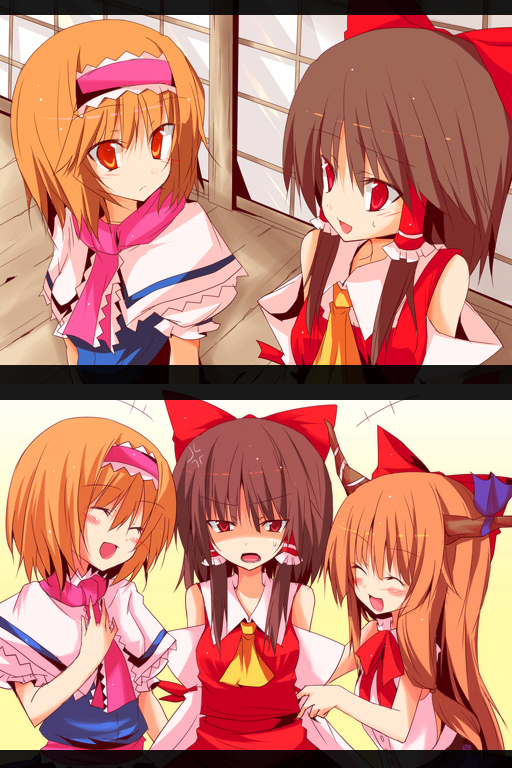 hakurei reimu, alice margatroid, ibuki suika, reu, hinase, and 1 more (touhou and 1 more) drawn by huei_nazuki