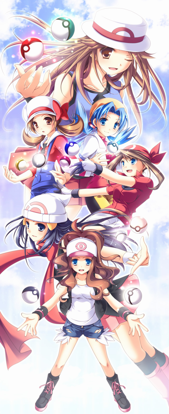 dawn, may, hilda, leaf, lyra, and 1 more (pokemon and 6 more) drawn by mayokichi