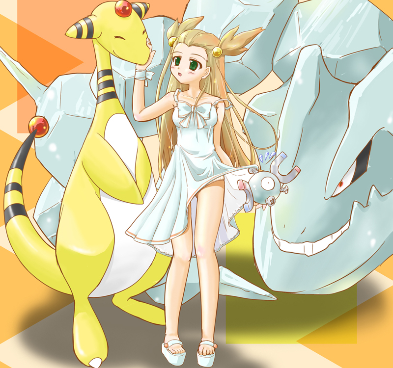 magnemite, jasmine, ampharos, and steelix (pokemon and 1 more) drawn by tenjou_ryuka