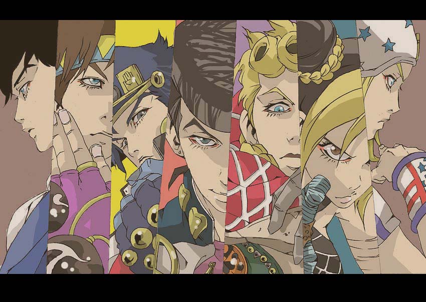 joseph joestar, kujo jotaro, kujo jolyne, giorno giovanna, jonathan joestar, and 2 more (jojo no kimyou na bouken and 7 more) drawn by makkamu