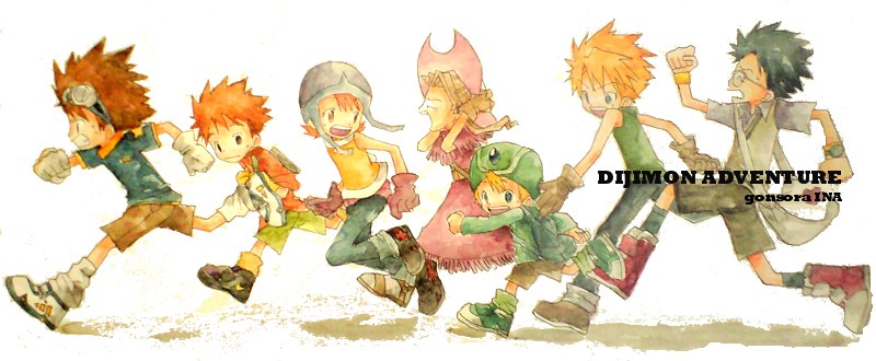 yagami taichi, tachikawa mimi, takenouchi sora, takaishi takeru, ishida yamato, and 2 more (digimon and 1 more) drawn by ina_(gonsora)