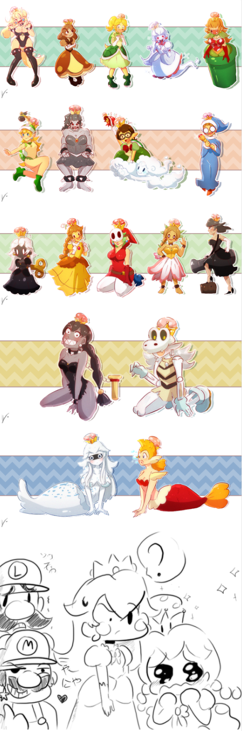 princess peach, mario, bowsette, luigi, princess king boo, and 18 more (mario and 2 more) drawn by endifi
