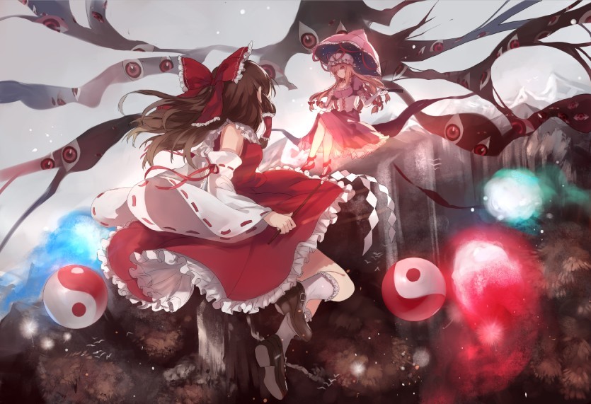 hakurei reimu and yakumo yukari (touhou) drawn by ran_(bukeranwu)