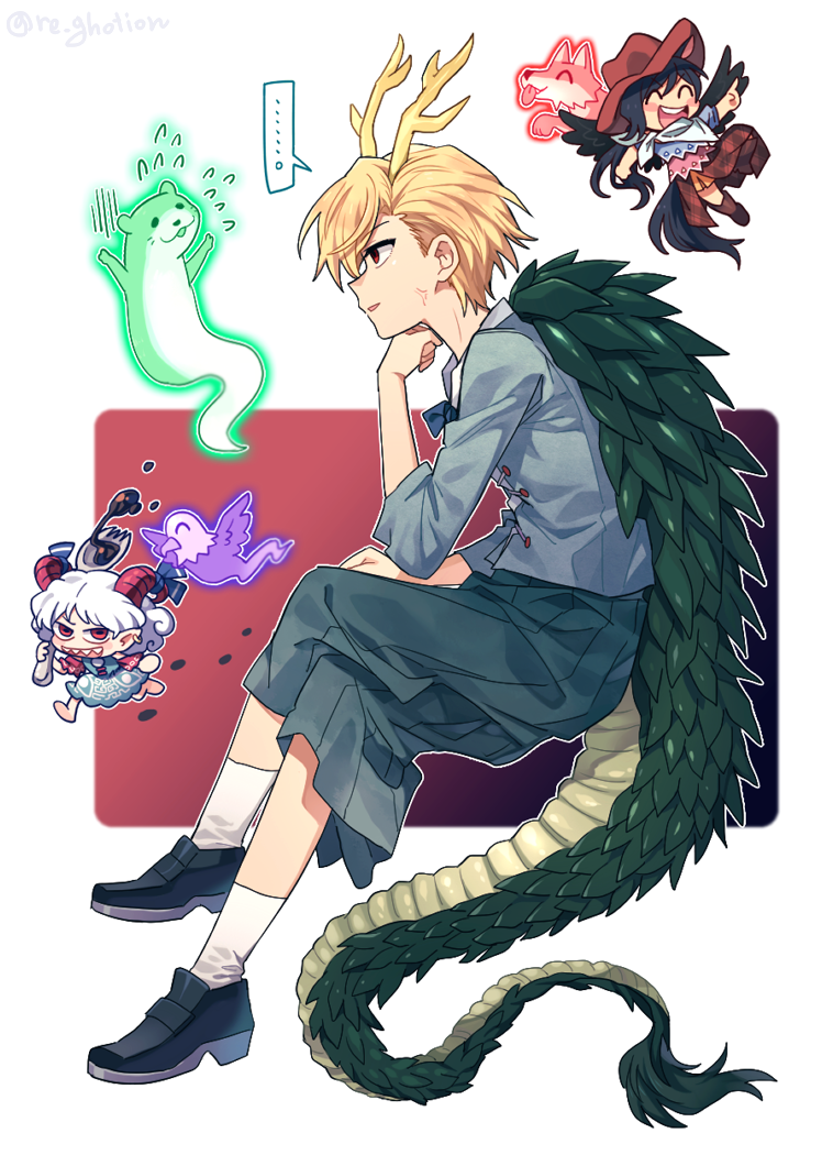 kicchou yachie, kurokoma saki, toutetsu yuuma, otter spirit, wolf spirit, and 1 more (touhou) drawn by re_ghotion