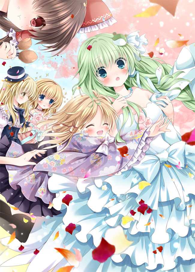 hakurei reimu, kirisame marisa, kochiya sanae, alice margatroid, and moriya suwako (touhou) drawn by nogi_takayoshi
