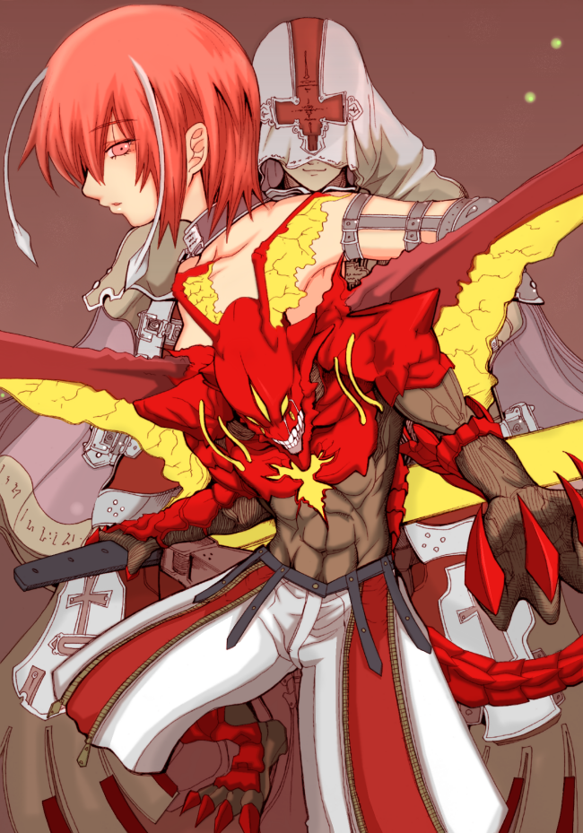 sol badguy, asuka r. kreutz, and valentine (guilty gear and 1 more) drawn by shiina_you_(tomoshibi)