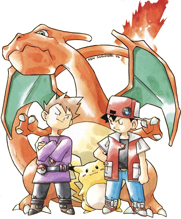 pikachu, red, blue oak, and charizard (pokemon and 1 more) drawn by sugimori_ken