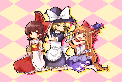 hakurei reimu, kirisame marisa, and ibuki suika (touhou) drawn by miya_(tsumazukanai)