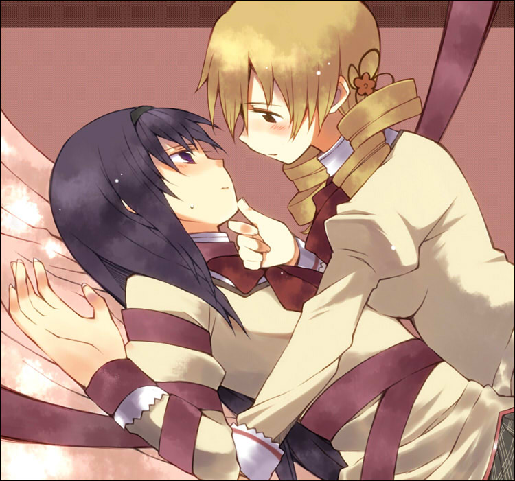 akemi homura and tomoe mami (mahou shoujo madoka magica) drawn by kutsuwada_on