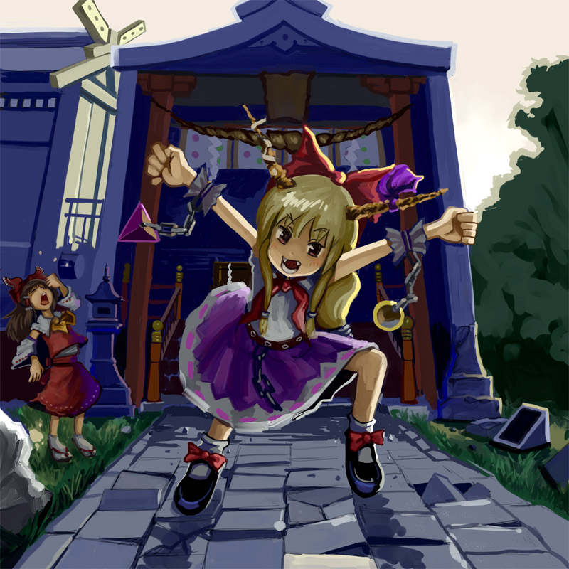 hakurei reimu and ibuki suika (touhou) drawn by maku_(wasabishock)