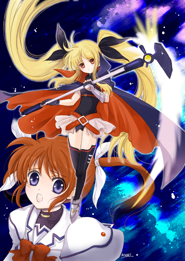 fate testarossa, takamachi nanoha, and bardiche (lyrical nanoha and 2 more) drawn by mikaki_mikako
