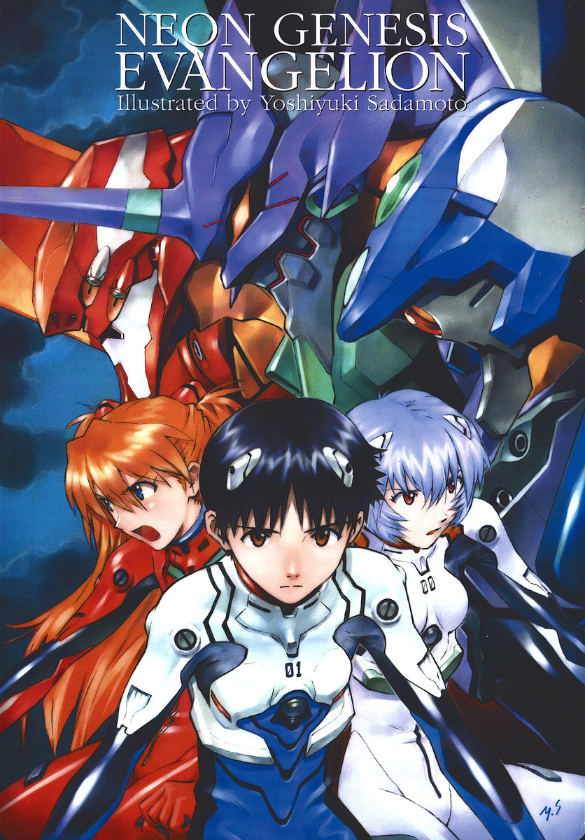 souryuu asuka langley, ayanami rei, ikari shinji, eva 02, eva 01, and 1 more (neon genesis evangelion) drawn by sadamoto_yoshiyuki