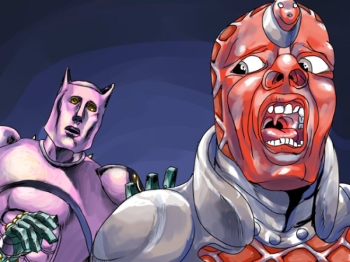 killer queen and king crimson (jojo no kimyou na bouken and 6 more) drawn by arumishin