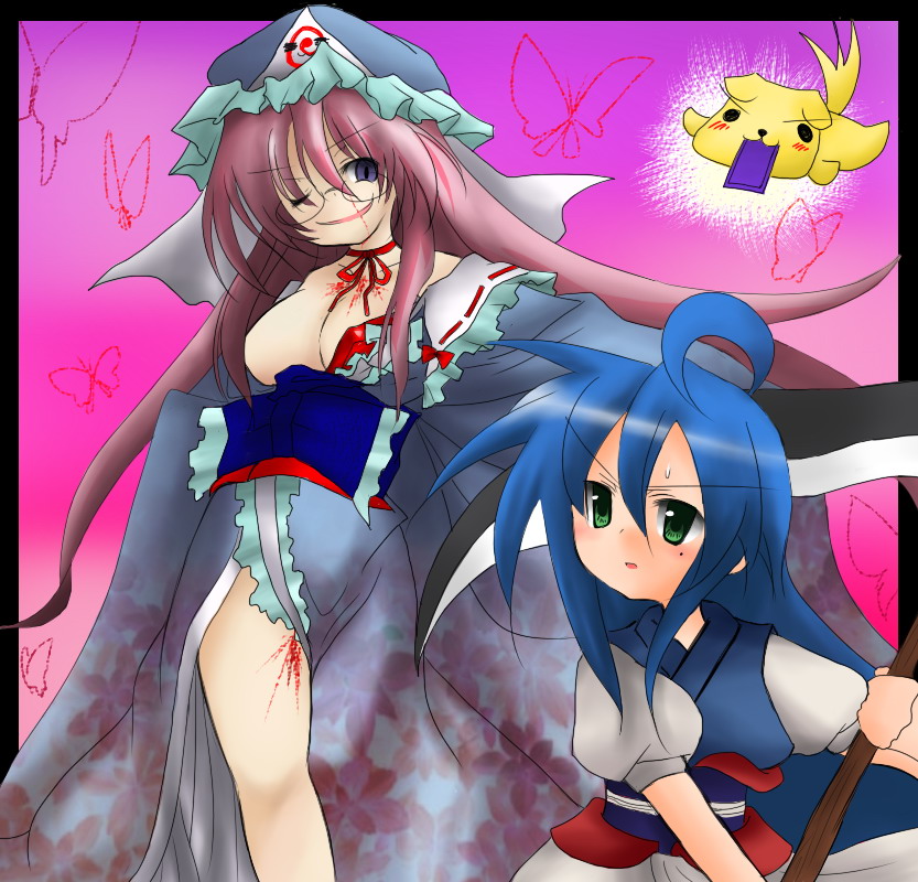 saigyouji yuyuko, onozuka komachi, izumi konata, and takara miyuki (touhou and 1 more) drawn by buuwa