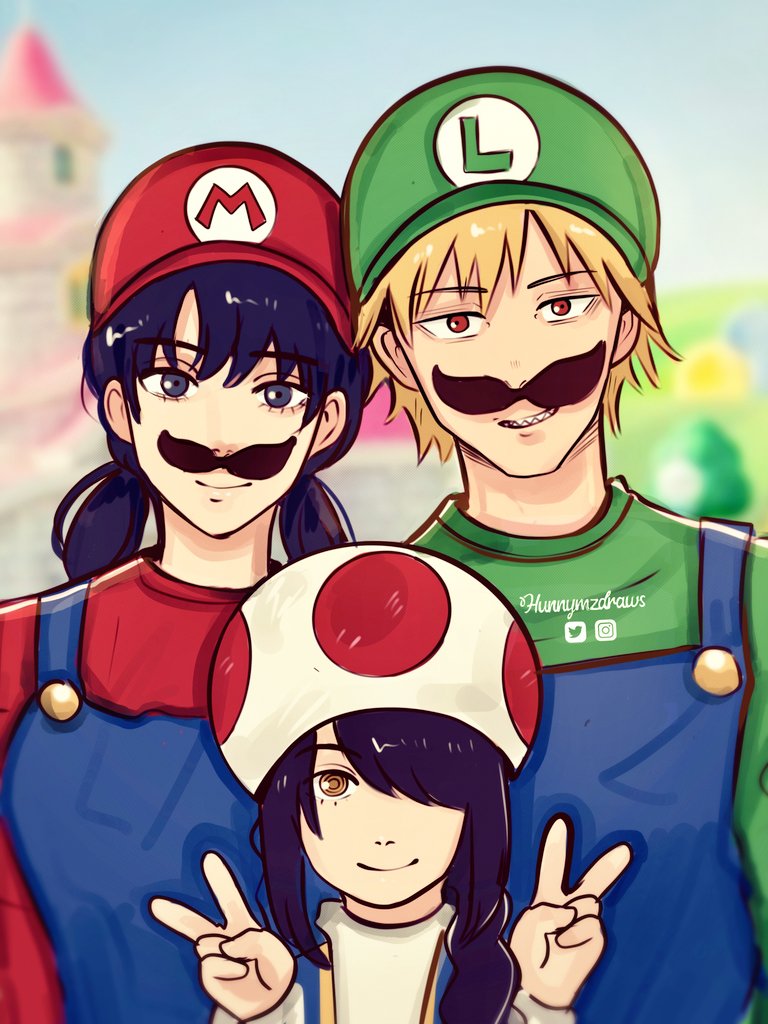 mario, denji, luigi, mitaka asa, nayuta, and 1 more (chainsaw man and 1 more) drawn by hunnymzdraws