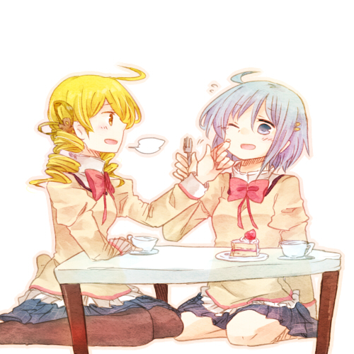 miki sayaka and tomoe mami (mahou shoujo madoka magica) drawn by mizuki_(flowerlanguage)