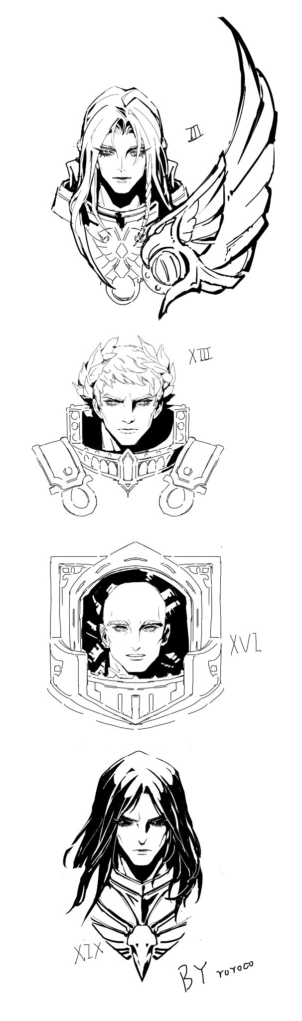 roboute guilliman, horus lupercal, fulgrim, and corvus corax (warhammer 40k) drawn by roroco316
