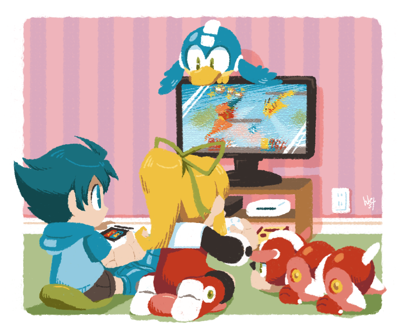 pikachu, samus aran, roll, mega man, rush, and 1 more (pokemon and 3 more) drawn by hakusoto