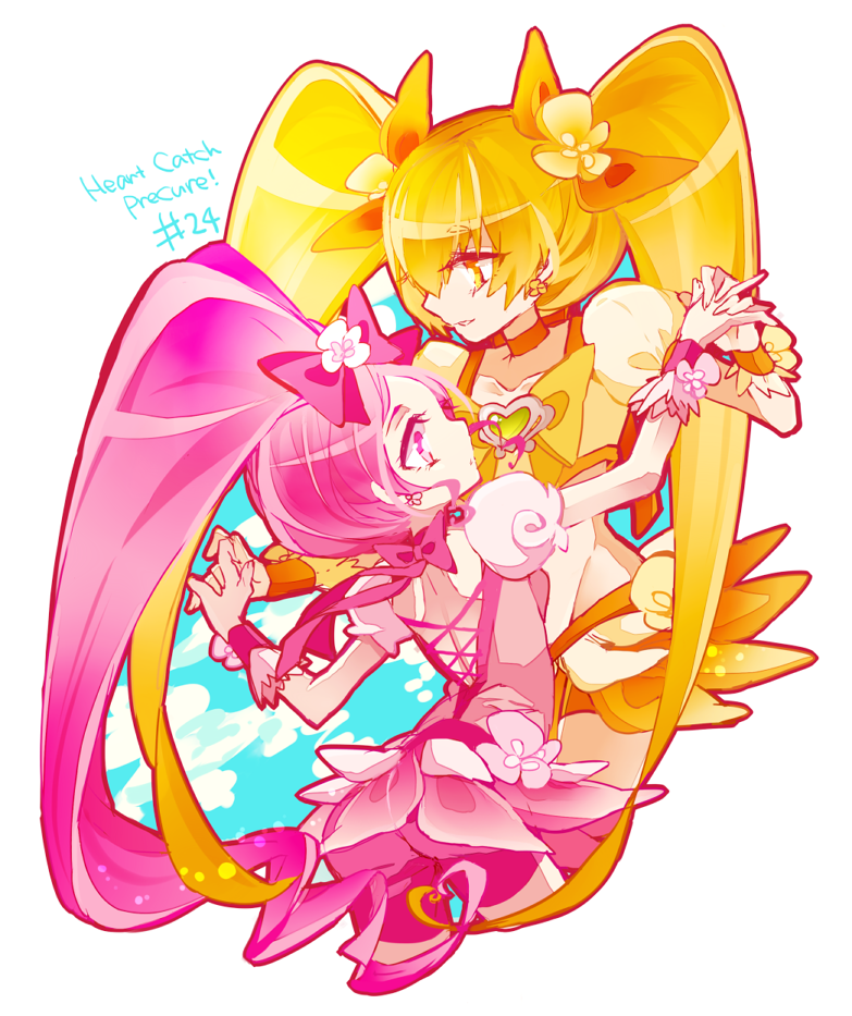 hanasaki tsubomi, myoudouin itsuki, cure blossom, and cure sunshine (precure and 1 more) drawn by yuucho_(cololal)