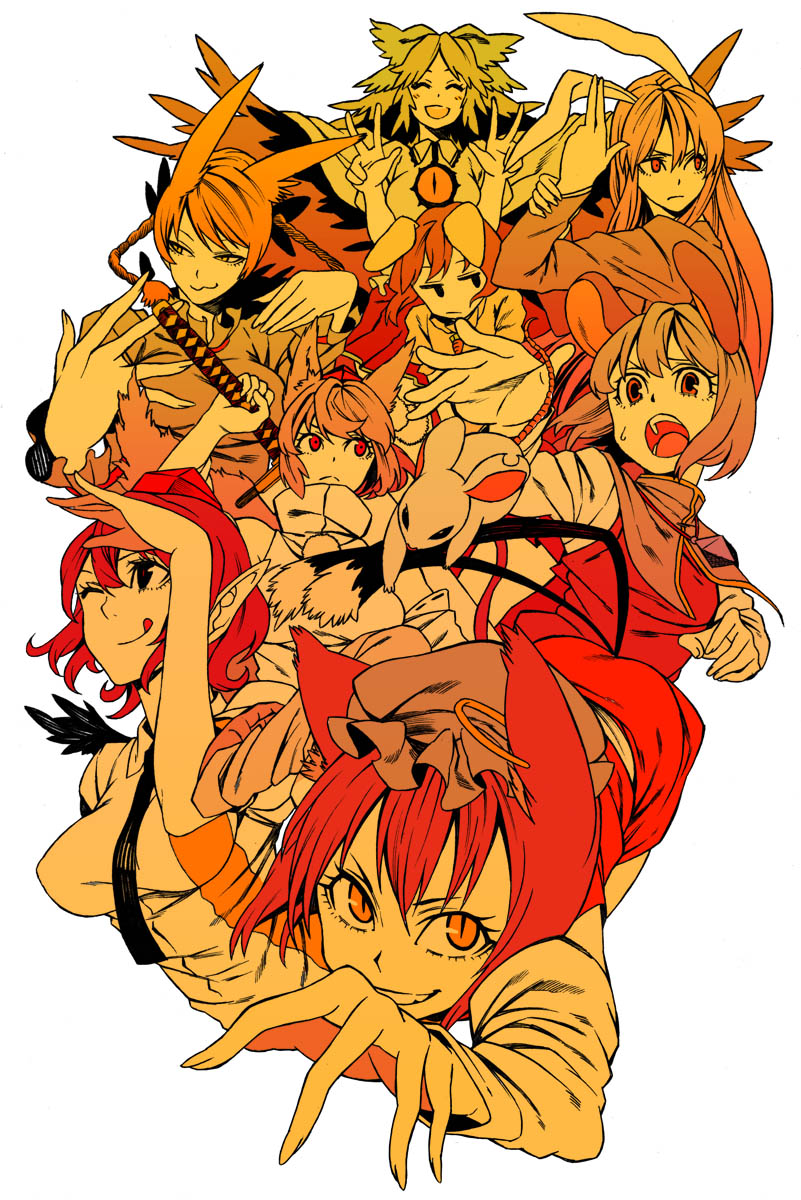 reisen udongein inaba, inubashiri momiji, kaenbyou rin, chen, reiuji utsuho, and 2 more (touhou) drawn by iro_marimo