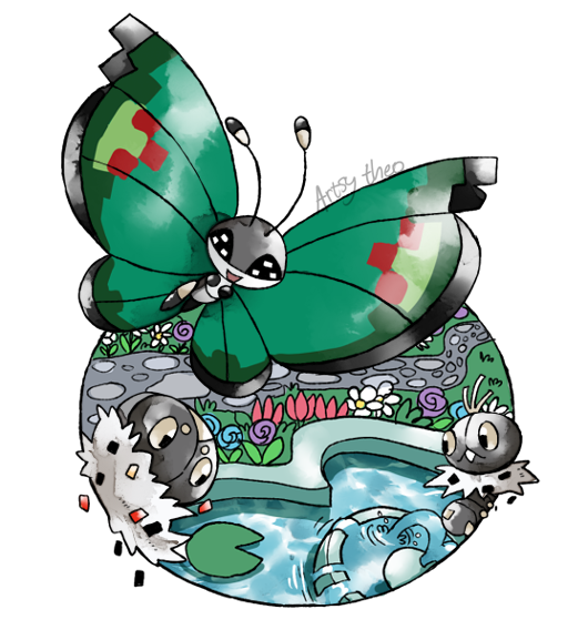 vivillon, spewpa, and scatterbug (pokemon) drawn by artsy-theo