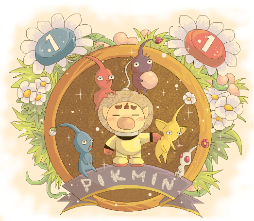 red pikmin, olimar, yellow pikmin, blue pikmin, purple pikmin, and 1 more (pikmin) drawn by love_(ai-mfmf)